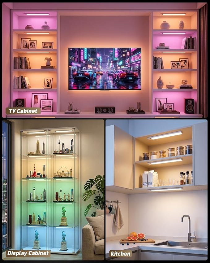 Under Cabinet Lighting with Remote Control, 96-LED Rechargeable Motion Sensor Light, 12 Inch RGB Color Changing Lights Wireless, Dimmable & 15 Color Temps, Magnetic Closet Lights for Kitchen Stair