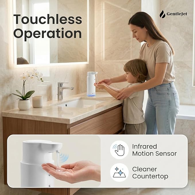 GentleJet CrystalJet Automatic Liquid Soap Dispenser Touchless Sensor, Stainless Steel, USB-C Rechargeable, Waterproof Kitchen & Bathroom Countertop Soap Dispenser, 300 ml