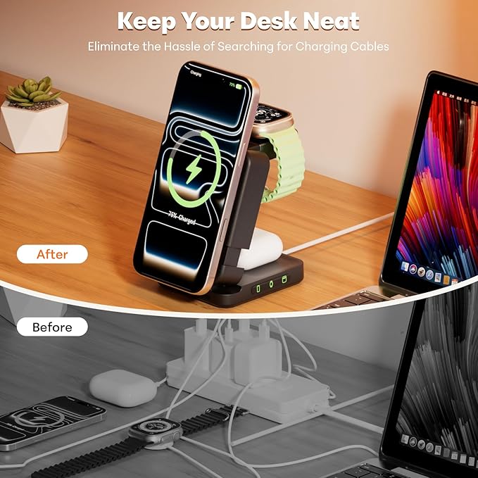 Wireless Charger 3 in 1, Foldable Charging Station for Apple Samsung Multi Devices Charging, Magnetic Charging Stand, Portable Travel Fast 15W Charger Station for iPhone, TWS, iWatch (Black)