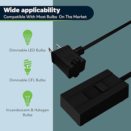 TOPGREENER Table-Top Plug in Dimmer for Table or Floor Lamps, Slide Control, Works with 360 Watt Incandescent and 150 Watt Dimmable CFL/LED, Off at Lowest dim, 6ft Cord, TGTTDL300-BK, Black, 2 Pack