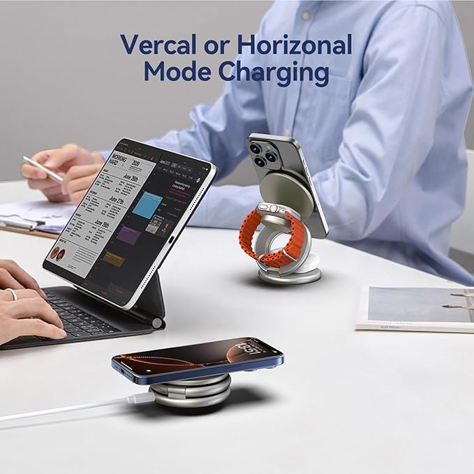 KU XIU X63 Natural Titanium 3 in 1 Charging Station for Apple, Aluminum Alloy Foldable Magnetic Wireless Charger, Travel Stand for iPhone 17/16/15/14/13/12, Apple Watch & AirPod,with 20W Adapter