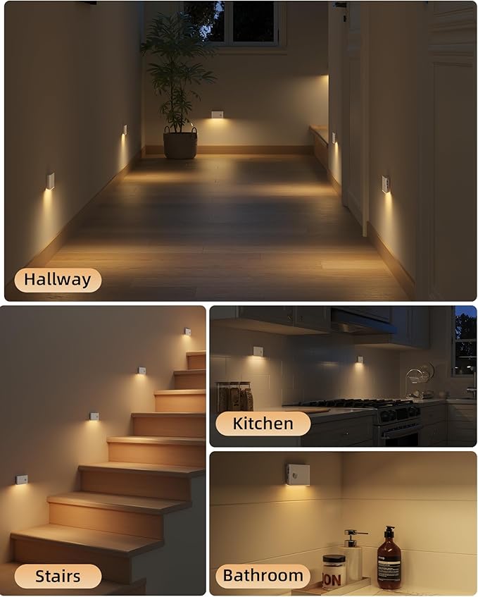 EZVALO 6 Pack Motion Sensor Night Lights, Sync LED Stair Lights Indoor, 1500mAh Rechargeable, Magnetic & Dimmable, 3000K Soft White, Portable Nightlight for Hallway, Stairs, Bathroom, Bedroom