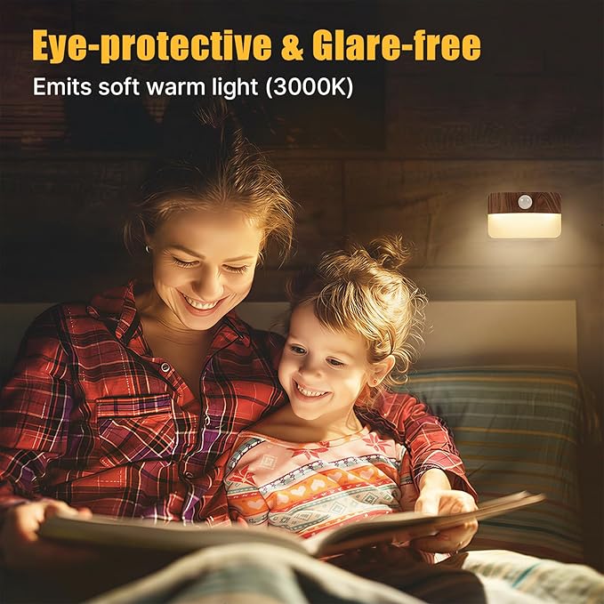 Guankai 8 Pack Motion Sensor Stair Light for Indoor, Battery Operated Closet Lights, Wireless Stick on Anywhere Hallway Lamp, Portable Led Night Lamps for Bedroom Under Cabinet Kitchen, Wood Grain