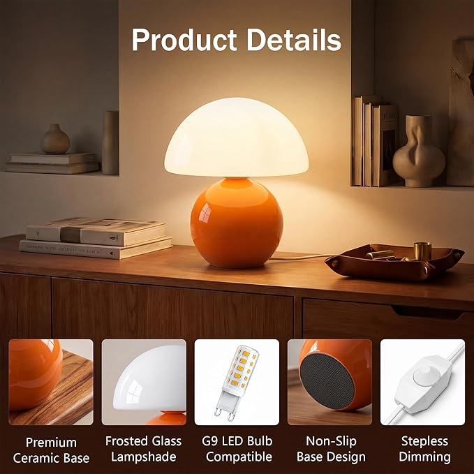 Dawnwake Mushroom Lamp Table Lamp for Bedroom,Desk Bedside Small Lamps for Living Room Night Stands,Mushroom Decor Cute Mini Modern Mid Century Lamps,Unique Aesthetic Home Living Room Decor(Orange)