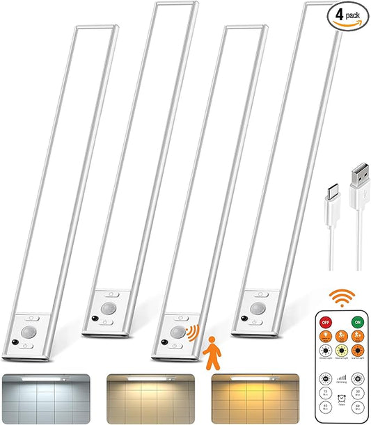 12" Under Cabinet Lights Wireless, Motion Sensor Light Indoor with Remote, LED Rechargeable Closet Light, 3 Color Temps, Dimmable, Magnetic, Under Counter Lights for Kitchen, Stairs, Pantry