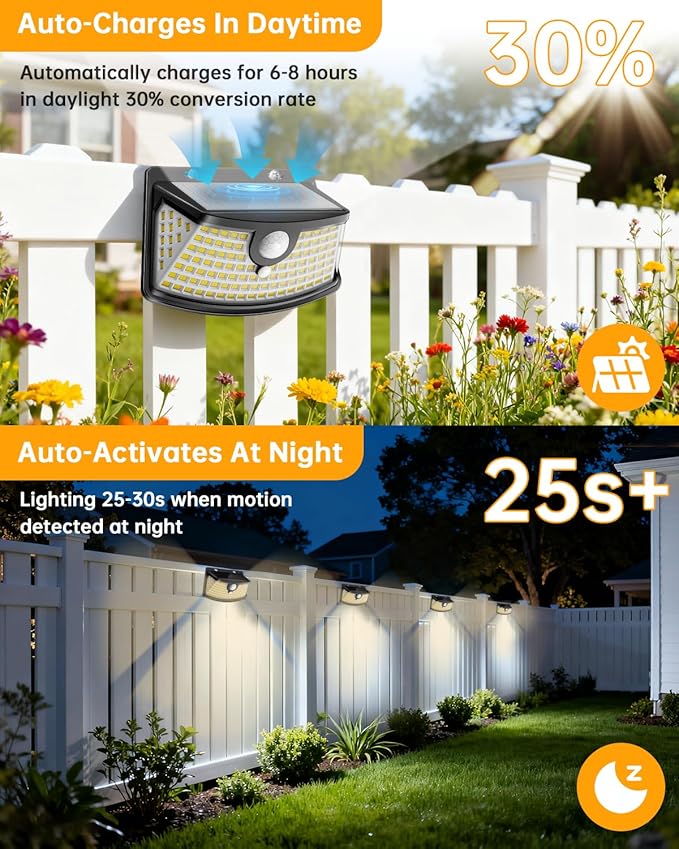 Aootek New Solar Motion Sensor Lights 120 LEDs with Lights Reflector,270° Wide Angle, IP65 Waterproof, Step Lights for Front Door, Yard, Garage, Deck (Black, Warm White, 8-Pack)