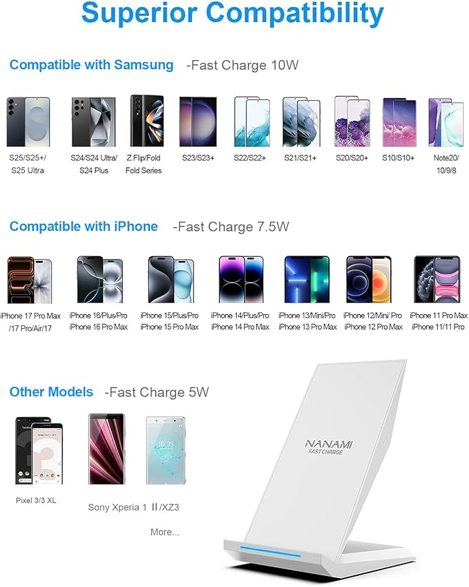 NANAMI Fast Wireless Charger, Charging Stand[with 20W PD Charger] 7.5W for iPhone 17/17 Pro/17 Pro Max/16/15/14/13/12, 10W Phone Charger Dock for Samsung Galaxy S26/S26+/S25/S25+/S25 ultra/S24/S23