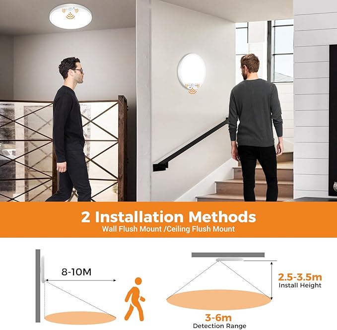 slochi 2Pack Motion Sensor Light Indoor Wired, 8.7 Inch 3000K/4000K/6500K Closet Lights Motion Sensored, 18W 1800LM Flush Mount Ceiling Light for Hallway Pantry Stairwell Porch, White