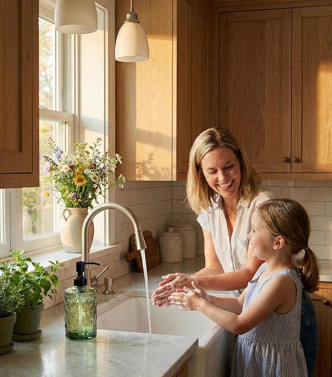 JASAI Forest Green Glass Soap Dispenser with Black Rustproof Pump, Refillable Small Soap Dispenser for Kitchen and Bathroom.