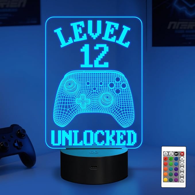 YuanDian Gamer Gifts, Level 12 Unlocked Gaming Controller Graphic Funny 3D Illusion Lamp 16 Colors Changing Touch & Remote Control, Desk Decor Gift for Gamers Teenagers and Kids