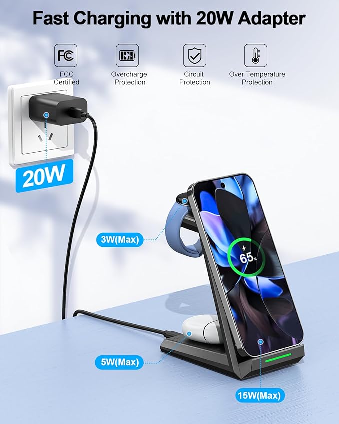 NANAMI Wireless Charger for Google - 3 in 1 Wireless Charging Station Fast Charger Stand Dock for Pixel 9/9 Pro XL/Fold/8/7,Buds Pro 2/Pro, Watch 3/2,Fitbit Versa 4/Sense 2(Not for Pixel Watch 1/4)
