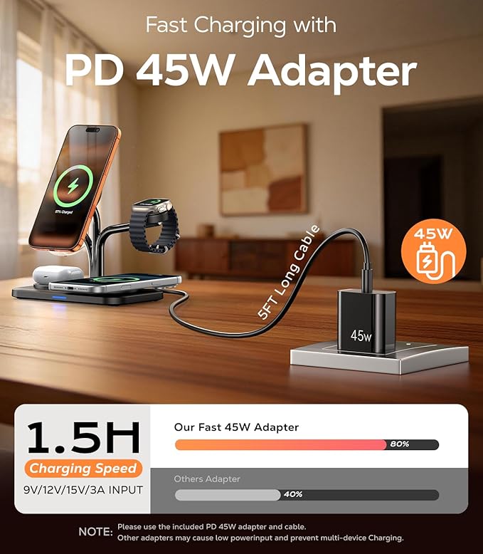45W 5 in 1 Magnetic Charging Station for Apple Multiple Devices, Dual Phone & Apple Watch Charger Stand, Fast Wireless Charger for MagSafe Charger for iPhone 17-12 Series, for Apple Watch & AirPods