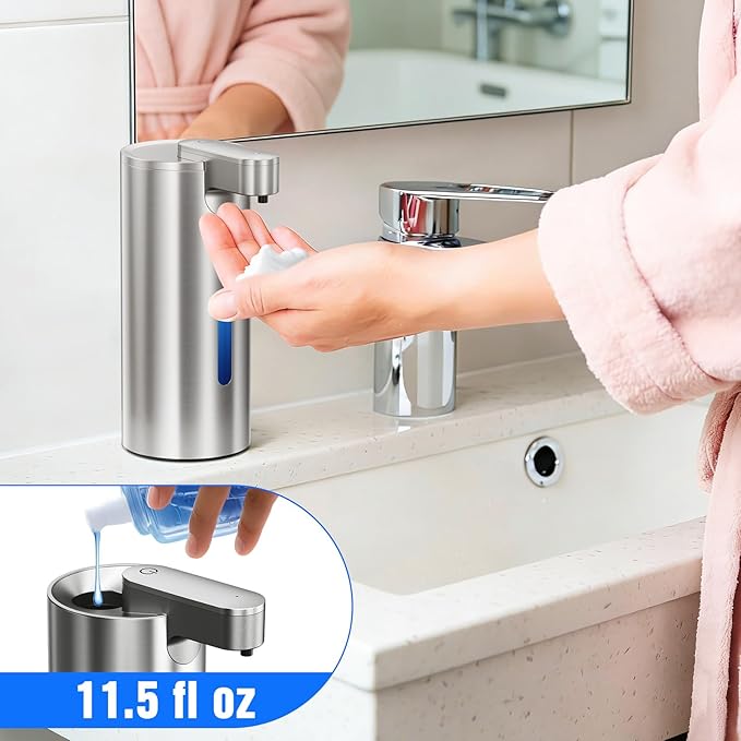 Fantictas Automatic Foaming Soap Dispenser Touchless, Stainless Steel 11.5 oz 3 Levels Adjustable Hand Soap Dispenser with Rechargeable Sensor Pump for Kitchen & Bathroom Liquid Soap