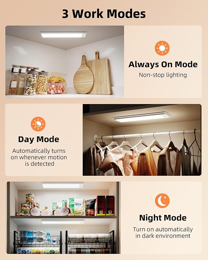 EZVALO 200LM Super Bright Under Cabinet Lighting Wireless, 5000mAh Rechargeable Battery Motion Sensor Light Indoor, Dimmable Under Counter Lights for Kitchen, 3-Inch Ultra-Wide Panel Closet Light