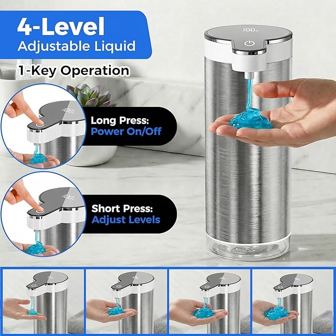 Automatic Liquid Soap Dispenser Touchless, Stainless Steel Hand Soap Dispenser, USB Rechargeable, 4 Adjustable Levels, 11.8oz/350ml for Kitchen and Bathroom (Stainless Steel White, Liquid)