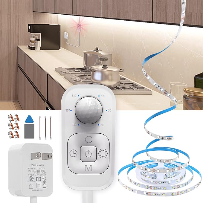 Motion Sensor Led Light Strip - with UL FCC Plug Adapter, Multi-Functional Controller, Dimmer and Timer, Under Cabinet Lights for Kitchen Stair Showcase Bedroom Corridor Counter 16.4ft ColdWhite.