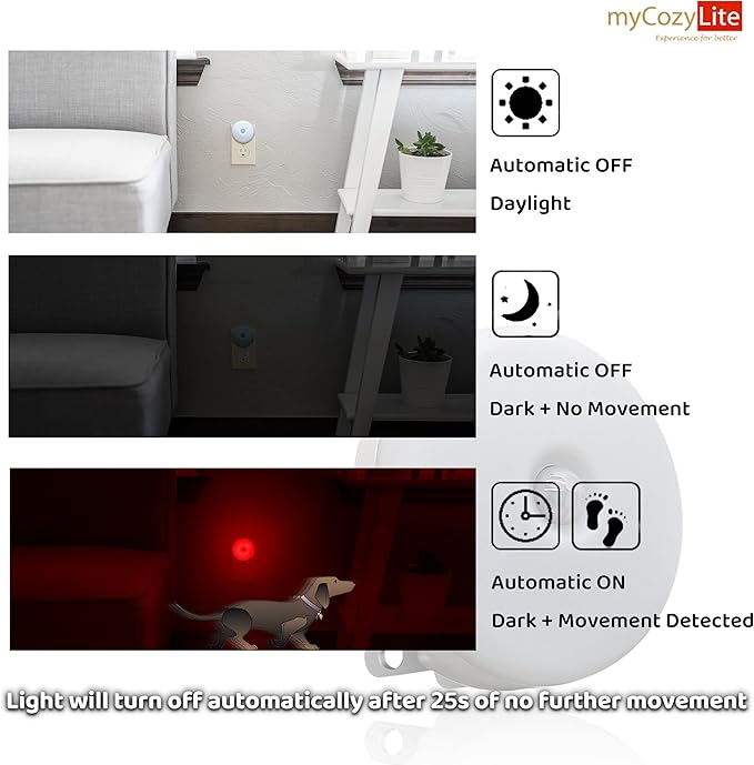 myCozyLite Red Motion Sensor Night Light, Red Light for Sleep, Night Lights Plug into Wall, Automatic ON Off, 2 Pack Motion Night Light for Bedroom, Bathroom, Kitchen, Hallways