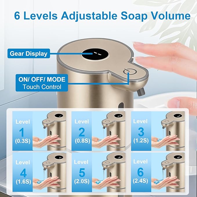 OHIFAST Automatic Liquid Soap Dispenser Touchless, USB Rechargeable Smart Hand Soap Dispenser, 6-Level Adjustable, 12.8oz/380mL Wall Mounted for Bathroom Kitchen Accessories Dish Soap-Gold