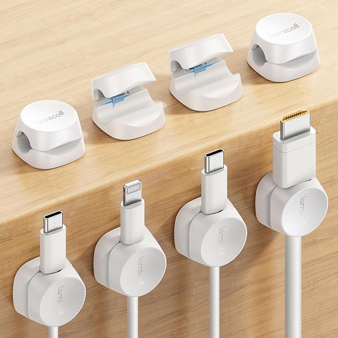 Lamicall 8 Pack Cord Organizer, [1s Lock] Spring Cable Management Clips - Adhesive Phone Cord Holder Clips for Nightstand Desk Car Office Home College Dorm Room, Desk Organizer Accessories, White