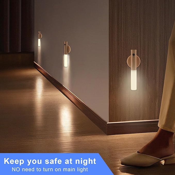 LANDGOO LED Wall Sconces Motion Sensor Lights Portable 360° Lamps Battery Operated Rechargeable Warm Vanity Lighting Fixture Modern for Living Room Bedroom (White Ash Wood 1PC)