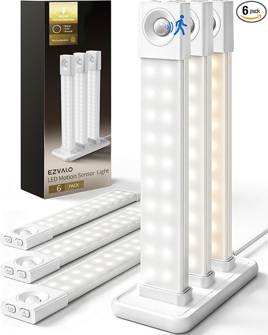 EZVALO 6 Pack Under Cabinet Lights with Charging Station, 8 inch Motion Sensor Light Indoor, 1100mAh Rechargeable Wireless, 3 Color Temperatures, Dimmable LED Closet Lights for Pantry, Hallway, Stair