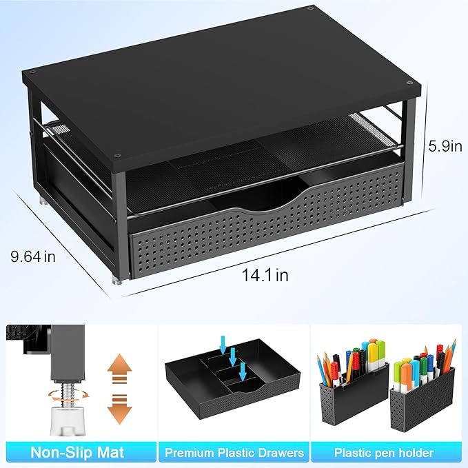 gianotter Monitor Stand Riser, Office Desk Shelf Organizer, Desk Organizer with Drawer and Pen Holder, 2-Tier Computer Stand, Office Organization (Ink)