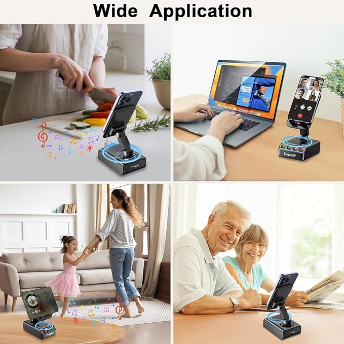 Hupoaf Adjustable Cell Phone Stand with Wireless Induction Bluetooth Speaker, HD Surround Sound for Home and Outdoors, Compatible with iPhone/Samsung Galaxy, 2026 Birthday Gifts for Men Women Dad Mom