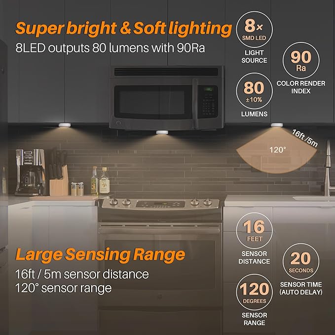 STAR-SPANGLED 3 Pack 3.1” Motion Sensor Lights Indoor AA Battery Operated, Stick on LED Puck Light for Closet, Stairs, Under Cabinet, Kitchen, Warm White