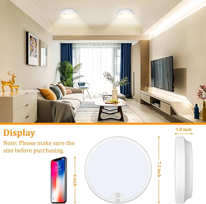 2-Pack Battery Operated Motion Sensor LED Ceiling Lights Indoor, Wireless Flush Mount Light Fixture 3000K in 400LM, Battery Powered Ceiling Lamps for Closet Pantry Laundry Stair(Battery Not Included)
