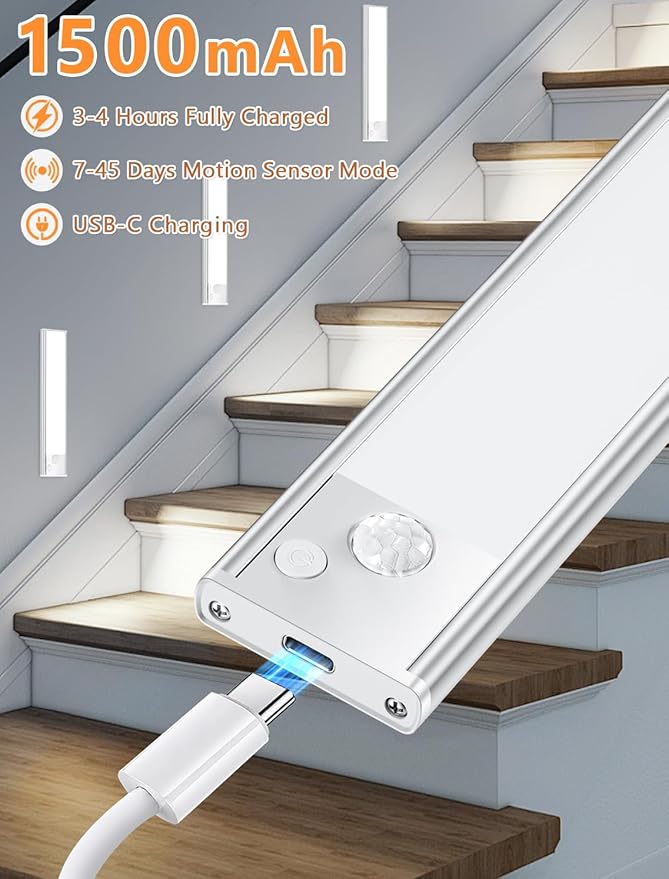 Under Cabinet Motion Sensor Lighting: 8 Inch Dimmable Rechargeable Lights Indoor - Battery Operated Lights - Undercabinet Closet Light Magnetic Led Light for Kitchen Home Bathroom Counter 2 Pack