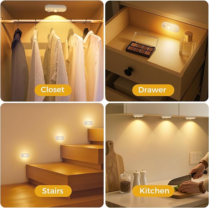 LED Motion Sensor Puck Lights, Small Rechargeable Under Cabinet Light, Dimmable Warm White Closet Lights, Wireless Under Cabinet Lighting for Drawer, Kitchen (4 Pack)