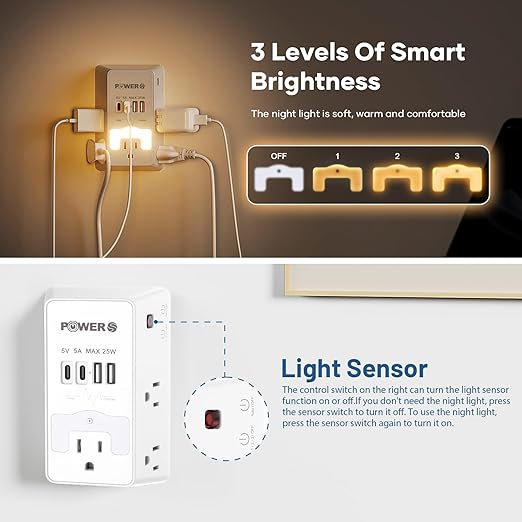 Snug Multi Plug Wall Outlet with USB Ports (2C2A), Wall Outlet with Night Light, Surge Protector, Wall Plug Adapter for Multiple Devices, Wall Socket Expander