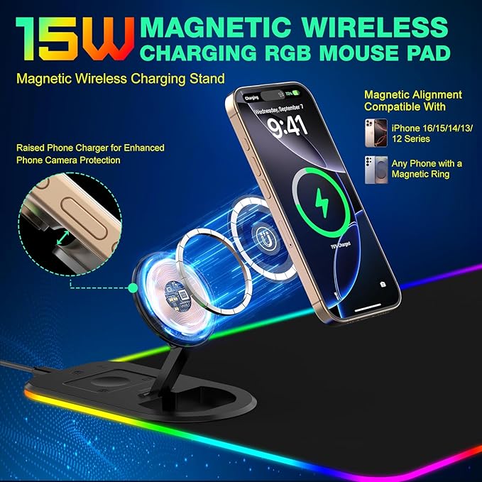 RGB Gaming Mouse Pad Wireless Charging Desk Mat with Foldable Phone Stand, Large LED Gaming Mat 800x350x4mm, 15 Light Modes, Waterproof, Keyboard Pad for PC Computer, Includes 20W PD Power Adapter