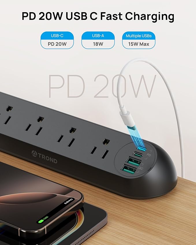 TROND Desk Clamp Power Strip USB C PD 20W- Surge Protector with 4 AC Outlets 4 USB Ports, Flat Plug 6ft Extension Cord, 1700J, ETL Listed, Fits 1.97 in Tabletop Edge, for Home Office Desk Accessories