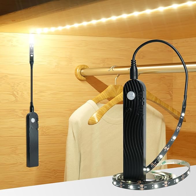 Sensky Motion Sensor LED Strip Lights Rechargeable Motion Activated Light Strip Dimmable Cabinet Strip Lighting for Wardrobe, Gun Safe, Cabinet, Pantry, Closet (1M Black, Warm White)