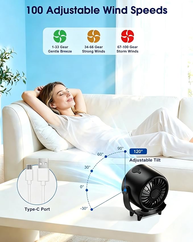 Ouddy Mode Small Desk Fan, 4000mAh Portable Misting Quiet Table Fan with Digital Display, Wall-Mouted Design USB Rechargeable Desk Fans for Office Bedroom Home Travel Outdoor Black