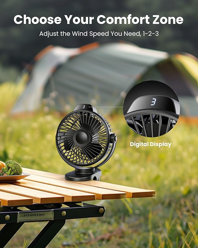Koonie Portable Clip On Fan, Small Rechargeable Battery Operated, 3 Speed Mini clamp Fan With LED Display, 360° Rotate Personal Cooling Desk Fan for Stroller Bed Travel Camping Golf Gym