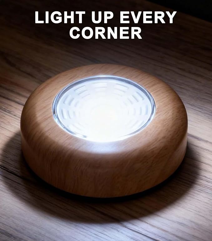 Small Push Light, 6 Pack Under Cabinet Lights Battery Powered, Wood Look LED Touch Light, Wireless Puck Lights Stick On for Kitchen, Wardrobe, Closet