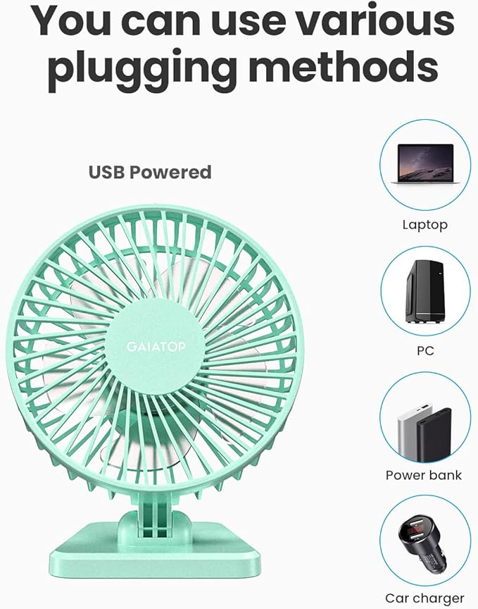 Gaiatop USB Desk Fan, Small But Powerful, Personal Portable Quiet 3 Speeds, Adjustable Mini Table Desktop fan for Cooling Home Office Car Summer Travel Gifts Green