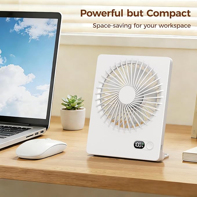 Zuvas Desk Fan Battery Operated Fan Rechargeable 180°Tilt Folding Personal Fan Ultra Quiet Small Portable 3 Speed Adjustable Strong Wind Fan For Office Bedroom Home Desktop Camping (White)