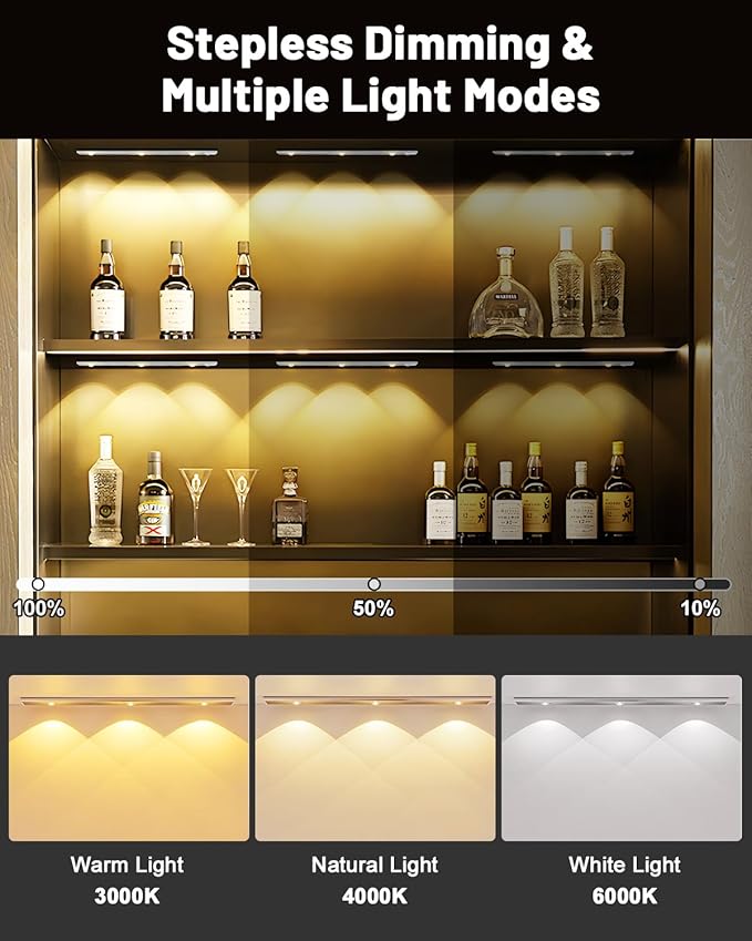 Pak Under Cabinet Lights, Rechargeable Motion Sensor Light Indoor, Wireless and 3-Color Dimmable with Cat’s Eye Hill Effect, for Display Cabinets, Showcases, Wine Racks, 2 Pack, Silver