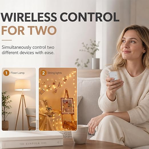 LoraTap Remote Control Outlet, On Off Light Switch with Wall Plate - Wireless Control 2 Plugs from 100ft, No WiFi Needed, Ideal for Lamps, Fans, Small Appliances(1 Remote + 2 Outlets)