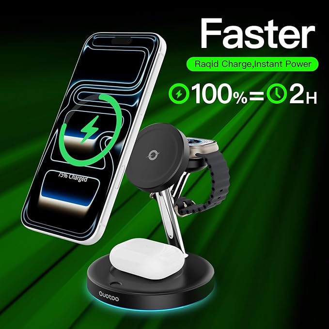Ouotoo 3 in 1 Charging Station for Apple Compatible，Charging Speed Increased by 28%, Magsafe Charger Stand，for iPhone 17-12 Wireless Charging Station,for AirPods Wireless Charger for iWatch Series