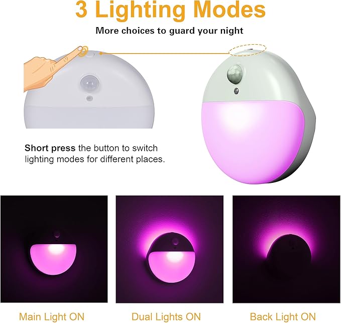 YUNLEX 2 Pack Purple Battery Night Light, Motion Activated Night Light, 2.6" Small Sticky Lights, 3 Light Modes, Dimmable Calming Glow for Meditation, Relaxation, Bathroom, Bedroom, Travel, Violet