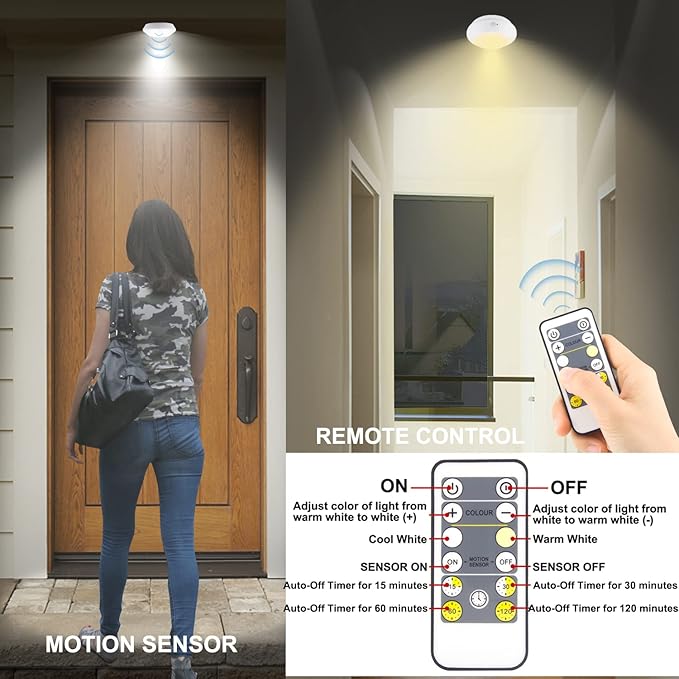 BIGMONAT Battery Operated Shower Light with Motion Sensor Wireless Ceiling Light RF Remote Controlled Through Walls|Brightness Dimmable and Timer Setting Indoor Lighting,Wireless Shower Light