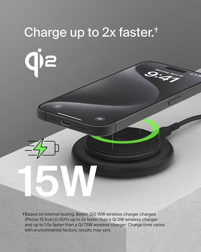 Belkin Magnetic Wireless Charging Pad 15W - MagSafe-Compatible Qi2-Certified Wireless Charging Station, iPhone Charger for Apple iPhone 16, 15, 14, AirPods w/Non-Slip Base, No PSU - Black (2-Pack)