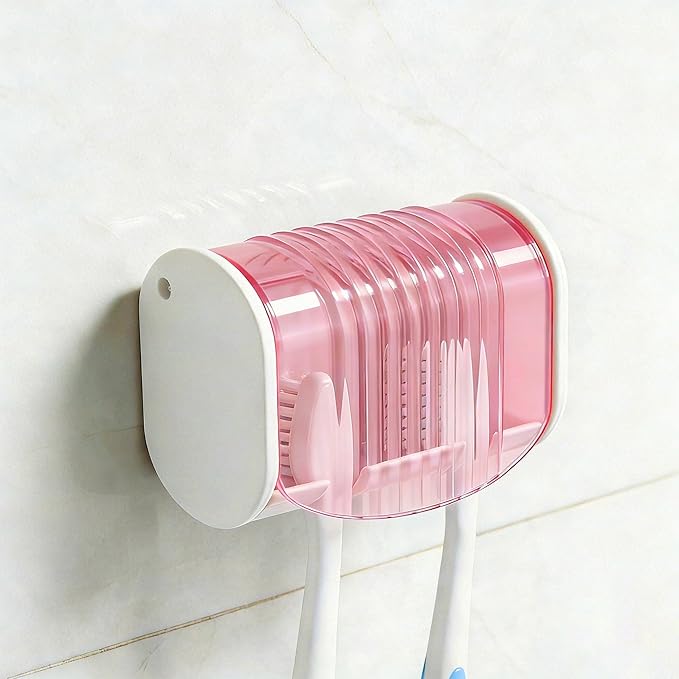 1 Pack Toothbrush Holder Wall Mounted with Cover for Bathroom, 2 Slots Toothbrush Storage Organizer for Shower, Self Adhesive Toothbrush Hanger (Pink)