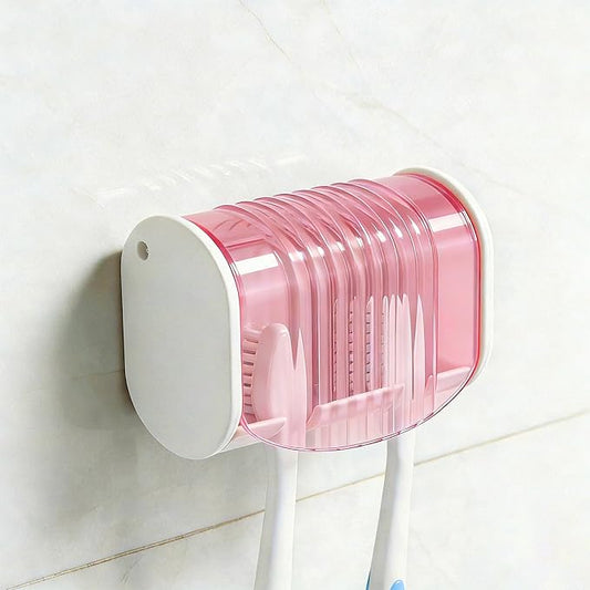 1 Pack Toothbrush Holder Wall Mounted with Cover for Bathroom, 2 Slots Toothbrush Storage Organizer for Shower, Self Adhesive Toothbrush Hanger (Pink)