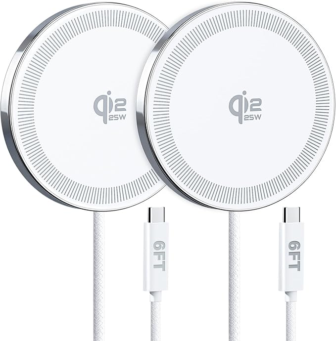 25W Wireless Charger for MagSafe, Qi2.2 Magnetic Fast Charging Pad for iPhone 17/16/15/14/13/12 Series&AirPods,Strong Magnet,Portable Wireless Charger for Travel Home Office,Elegant White, 2Pack(6FT)