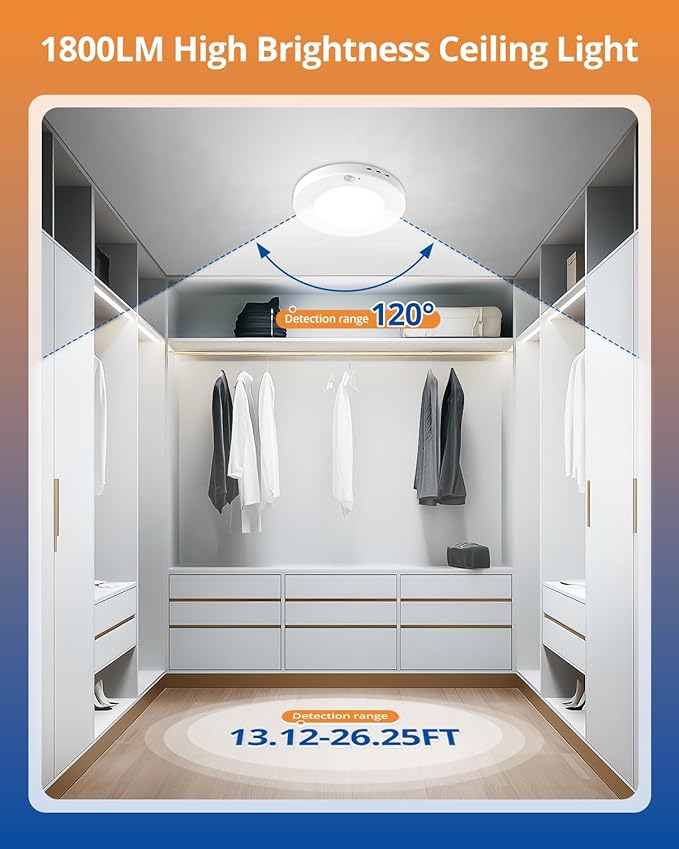 wowatt 2Pcs Motion Sensor Ceiling Light Wired, 3000K/4000K/6000K Selectable Motion Closet Light, 15W 1800LM Motion Sensor Light Indoor for Hallway, Stairs, Storage(7.48Inch)